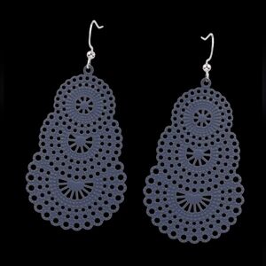 Denim Blue Cutout Lace Lightweight Boho Filigree Earrings Bohemian 3 Tiered